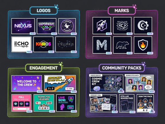 Grid of logo, mark, engagement, and community pack examples