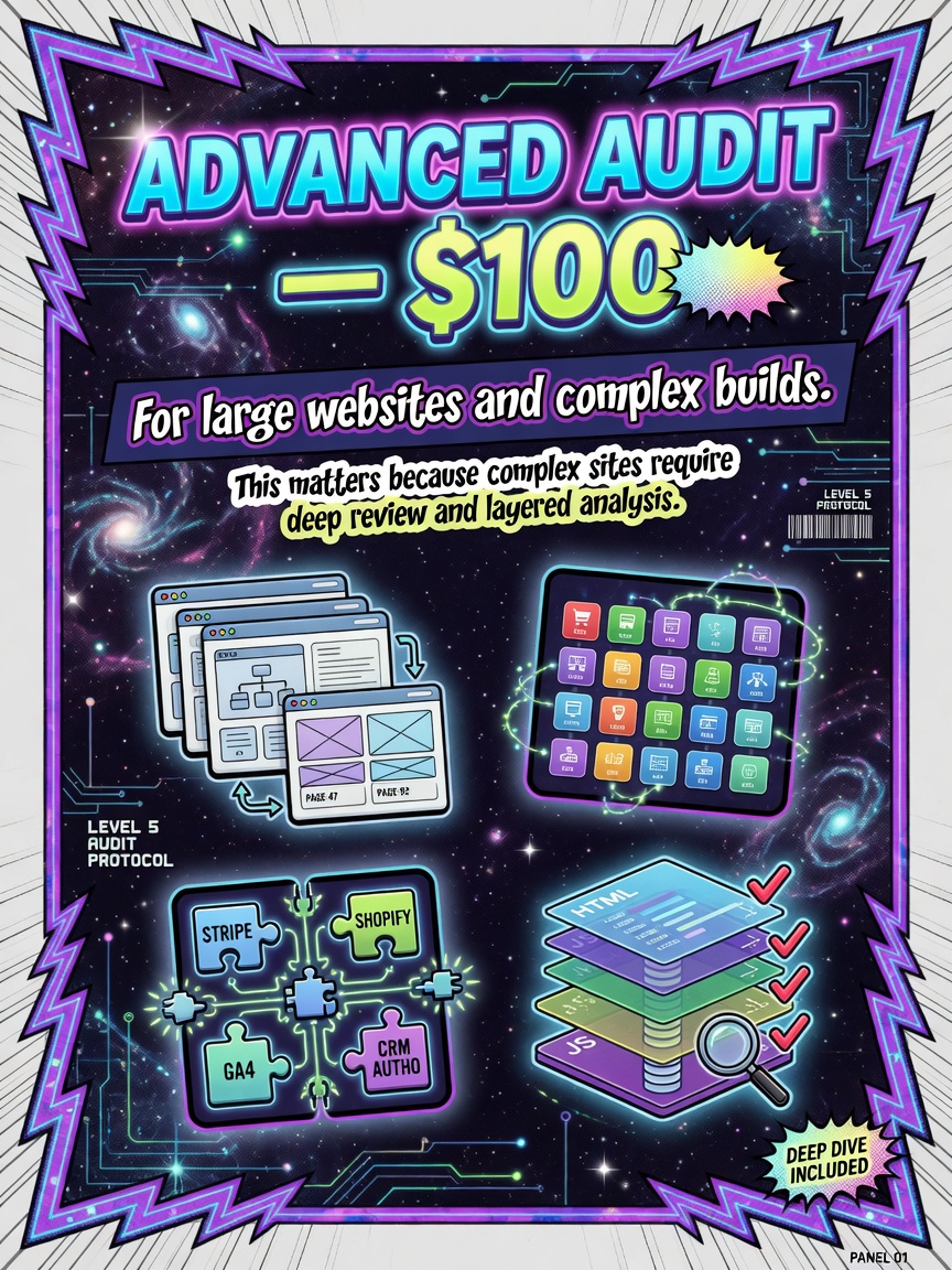 Advanced Audit product card, one hundred dollars, for large websites and complex builds