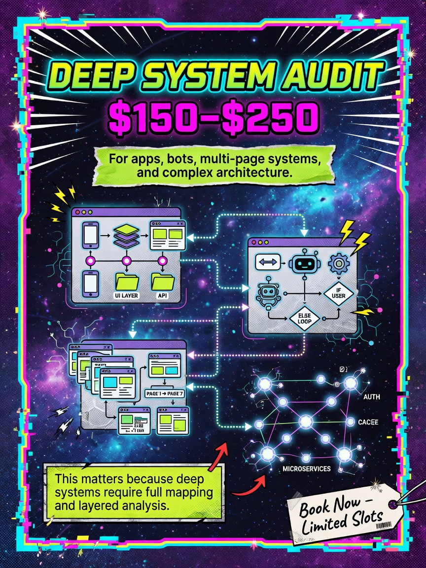 Deep System Audit product card, one hundred fifty to two hundred fifty dollars, for apps, bots, and complex architecture