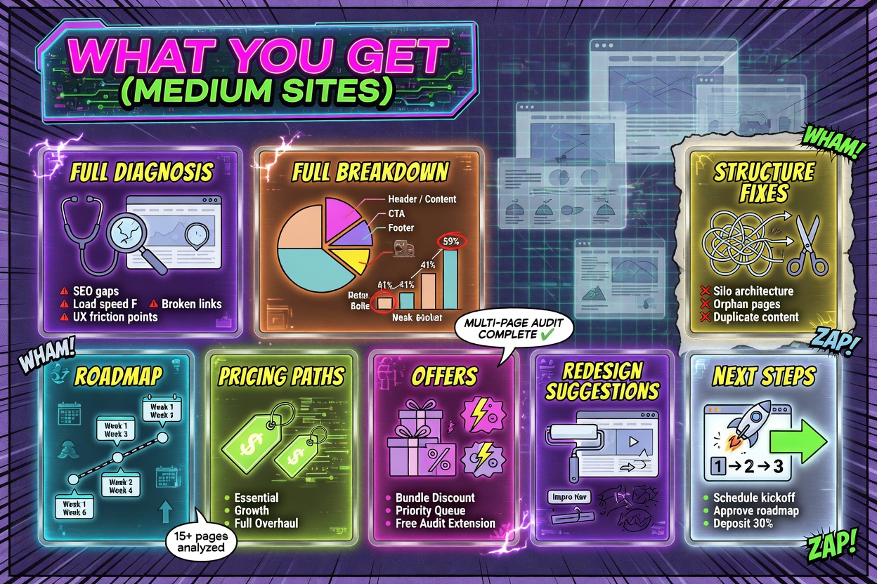 Standard Audit breakdown grid for medium sites showing full diagnosis, roadmap, and pricing paths
