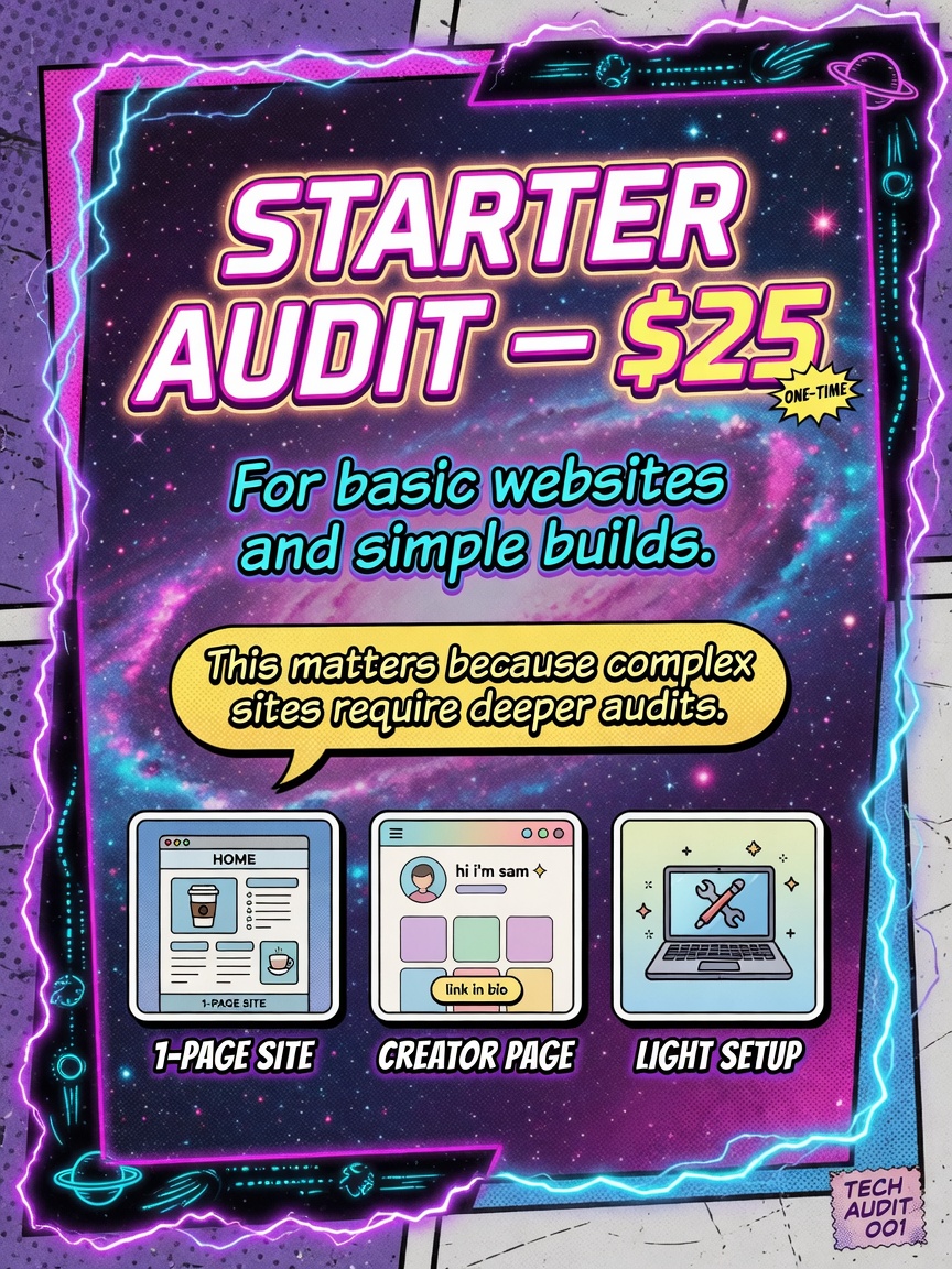 Starter Audit product card, twenty five dollars, for basic websites and simple builds