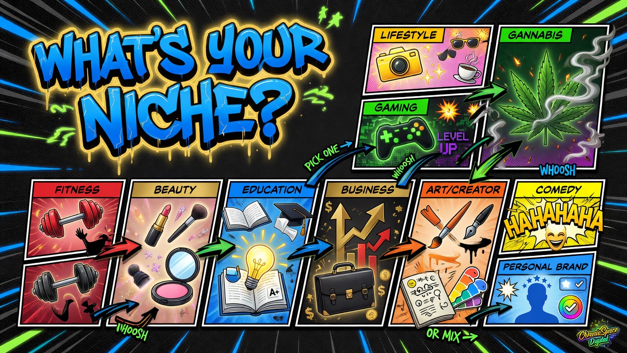 Chronic Space Digital — what's your niche comic banner covering fitness, beauty, education, business, art, comedy, and more