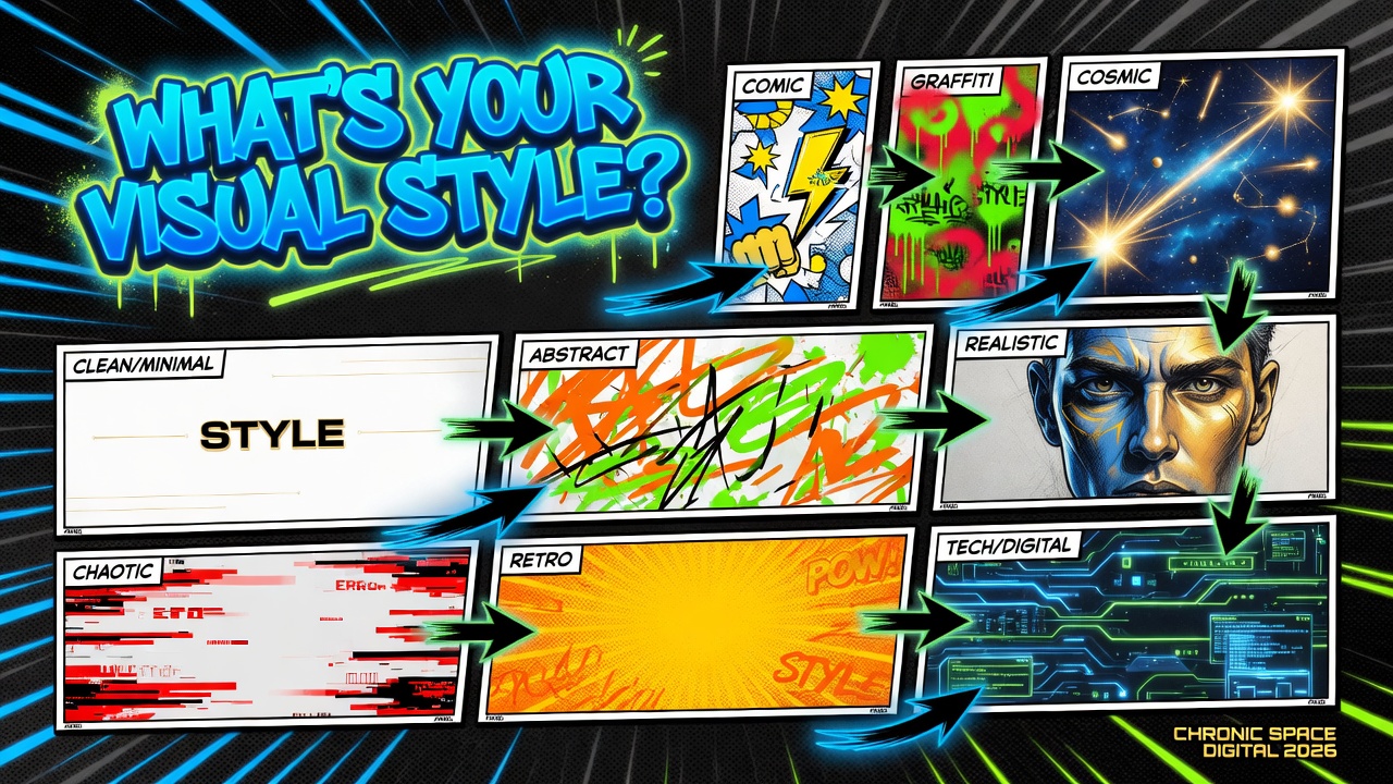 Chronic Space Digital — what's your visual style comic banner covering comic, graffiti, cosmic, minimal, abstract, realistic, retro, chaotic, and tech aesthetics