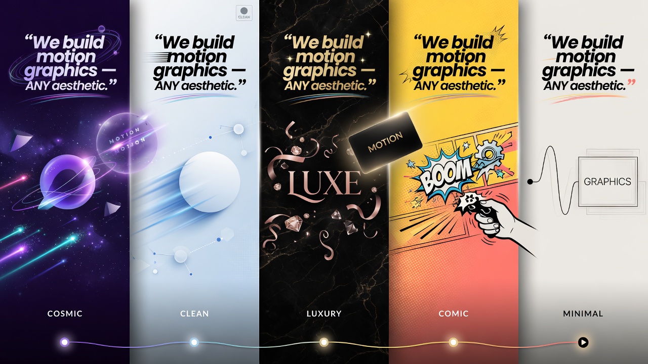 Motion graphics style transitions across aesthetics