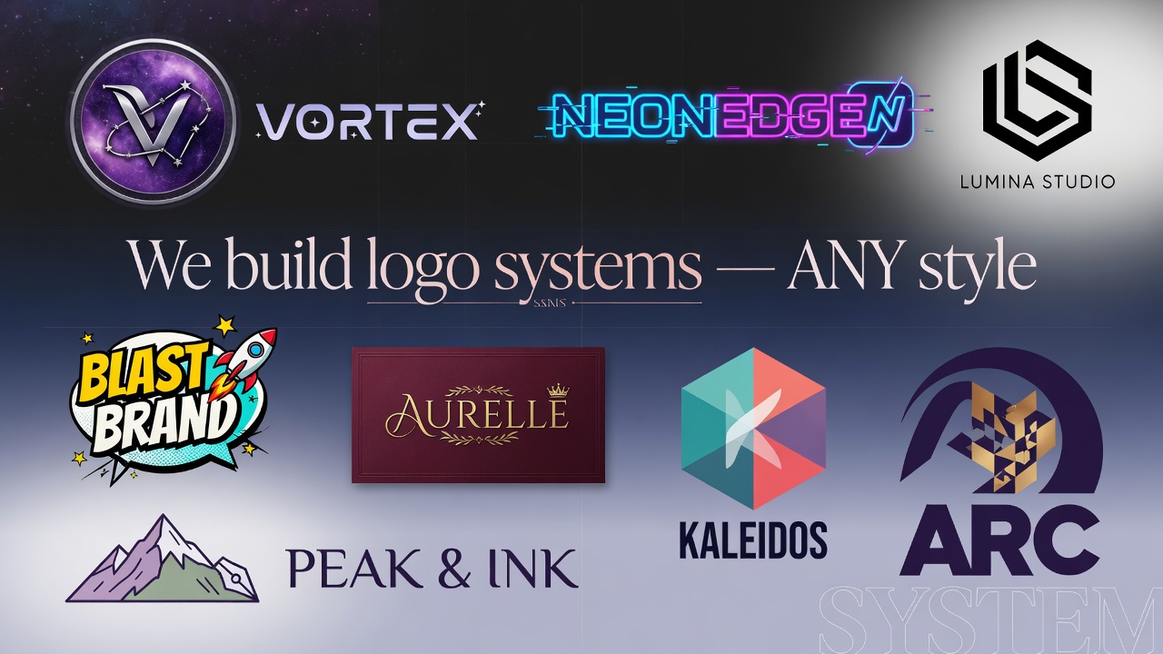 Logo systems shown across multiple visual styles