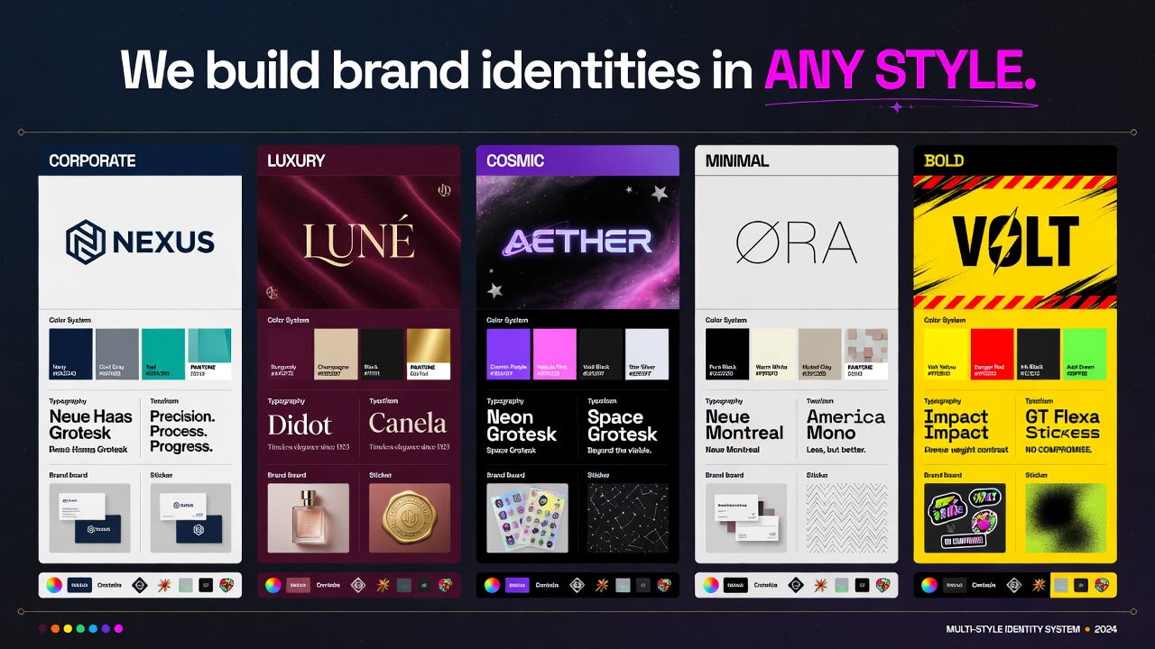 Full brand identity panel across multiple styles