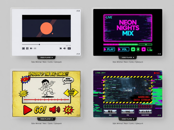Custom video player skinned four different ways — minimal, neon, comic, and cyberpunk